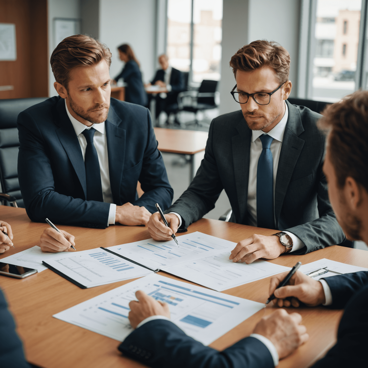 Two business professionals discussing a business plan document at a conference table