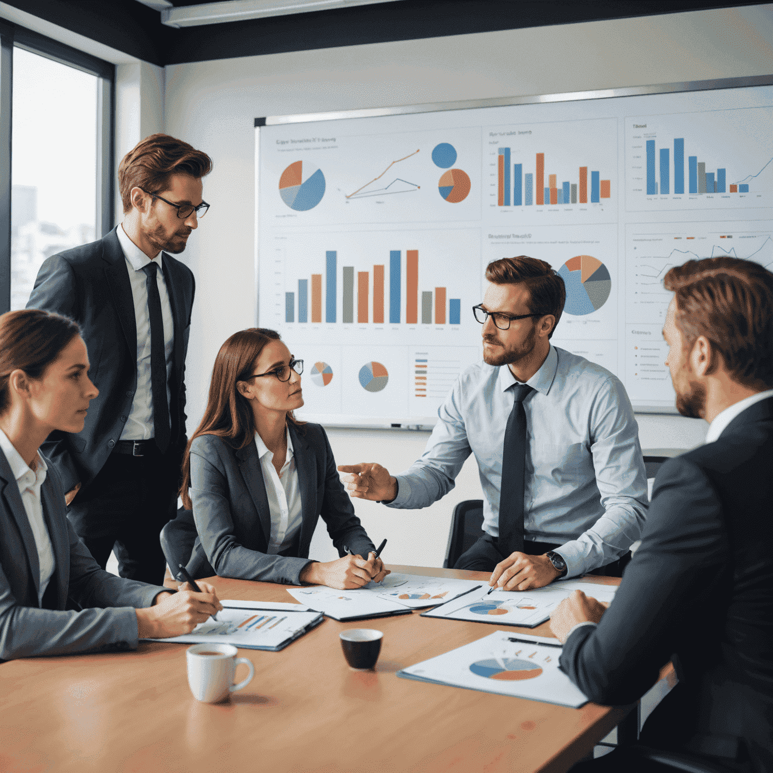 Business team discussing strategies in a conference room, with charts and graphs on a whiteboard