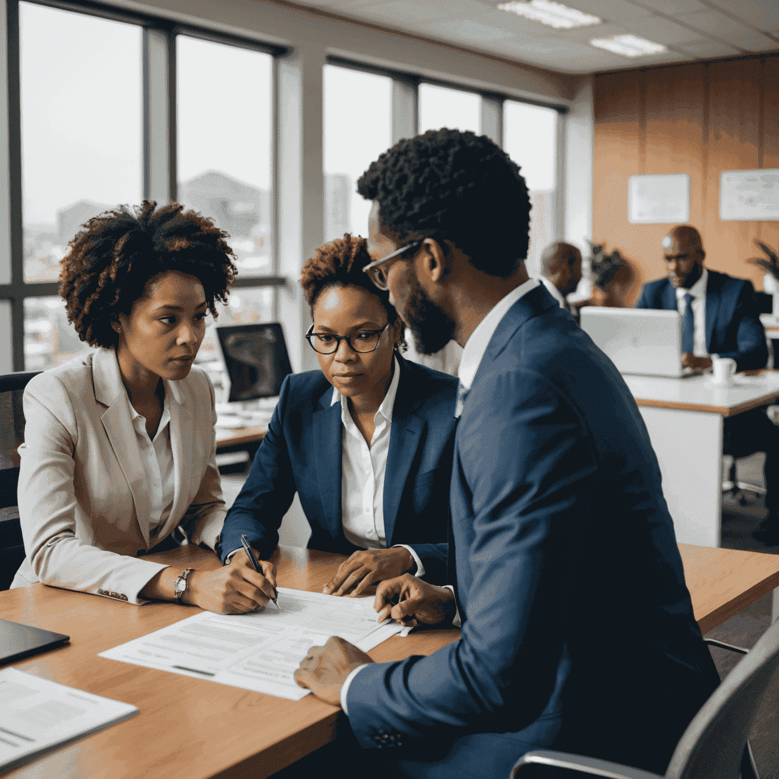 Businesspeople discussing regulatory compliance documents in an office setting in South Africa