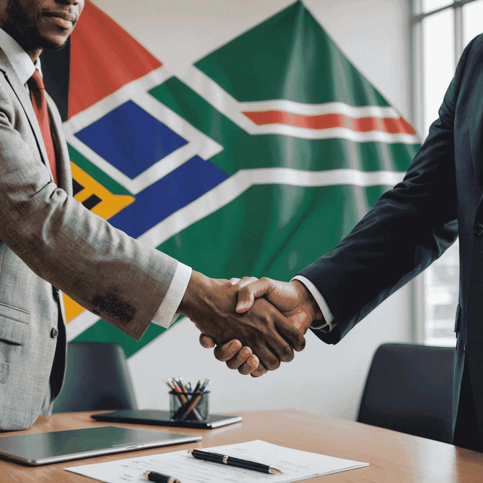 Two business people shaking hands in an office with South African flag in background, representing a partnership deal