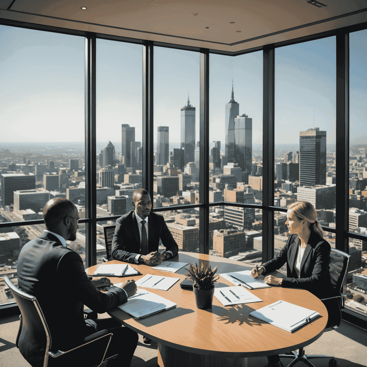 Business professionals discussing strategy in a meeting room with a view of the Johannesburg skyline