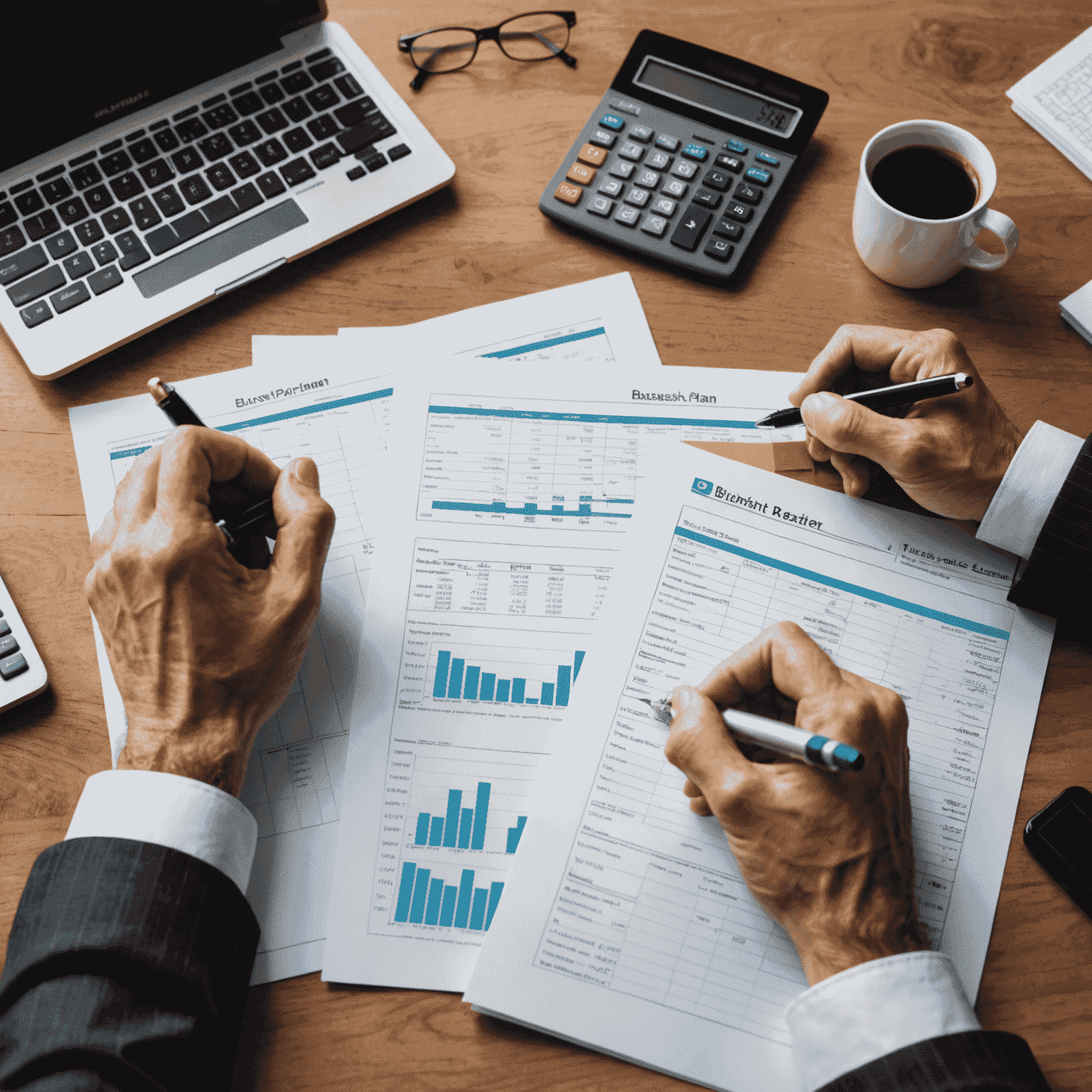 Hands writing a business plan on paper with a calculator and financial charts nearby