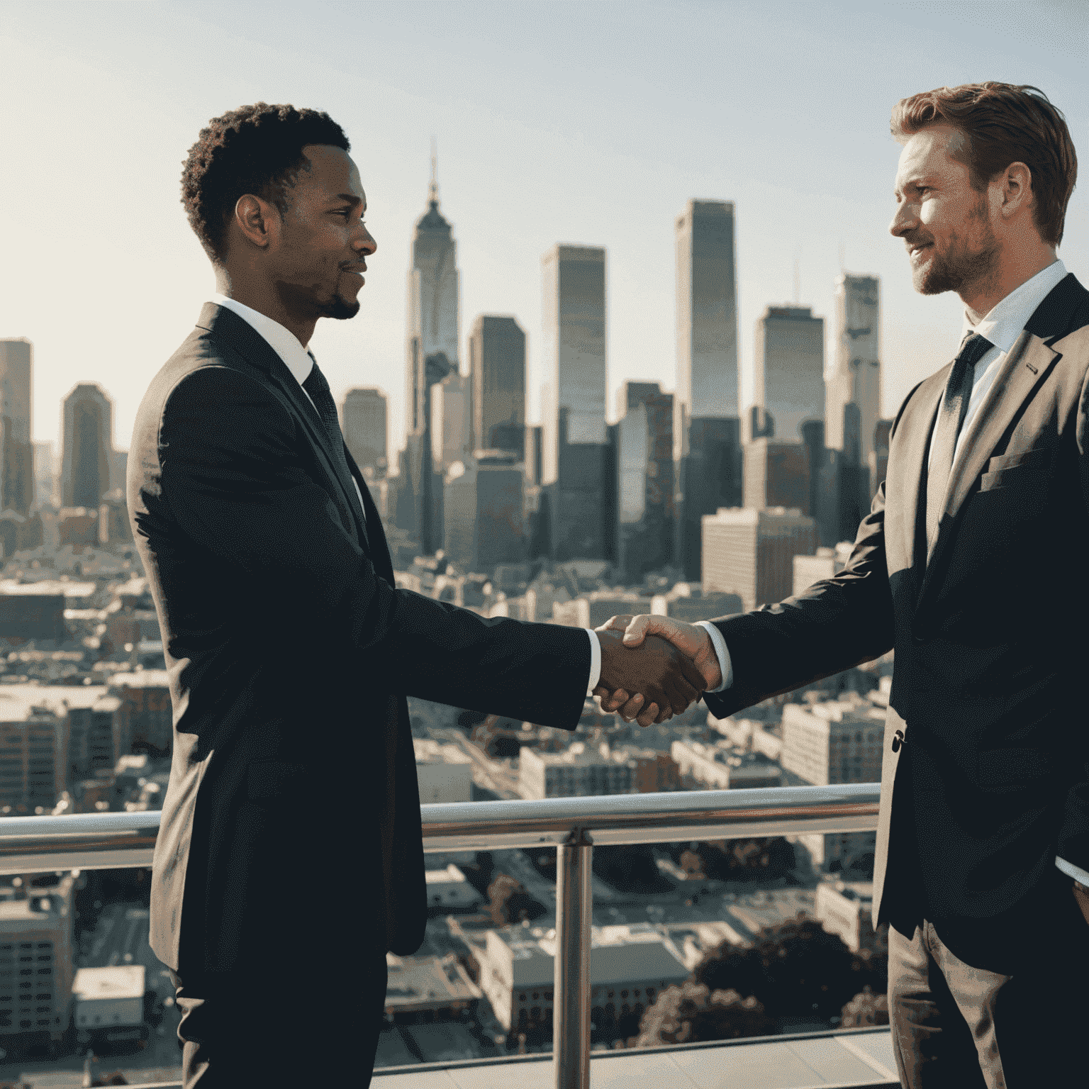 Two business people shaking hands in agreement with a city skyline in the background